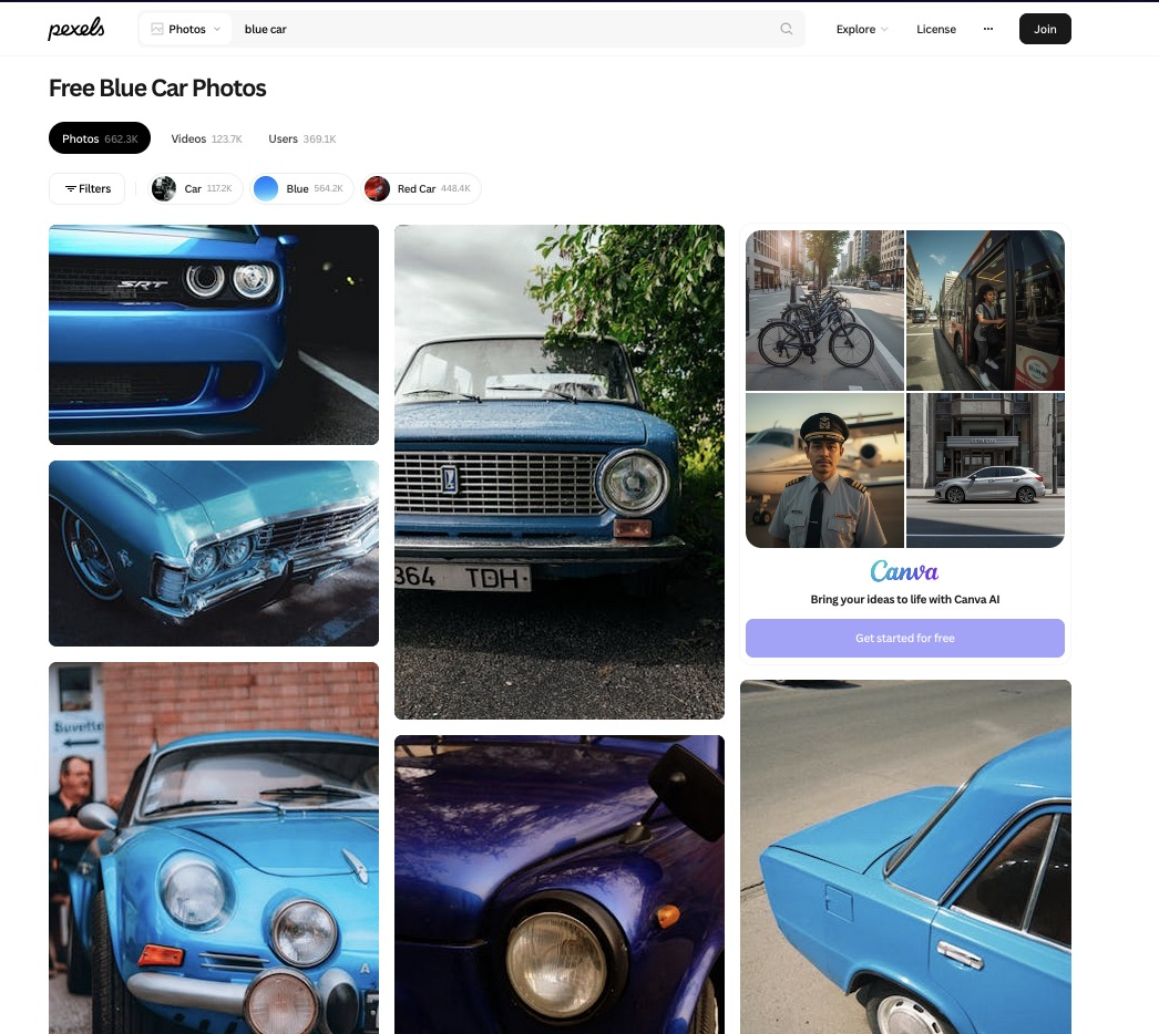 the first few rows of results when searching 'blue car' on pexels